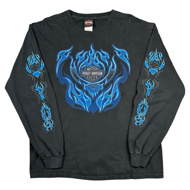 Vintage Harley Davidson Blue Flame Sleeve L/S Tee Black