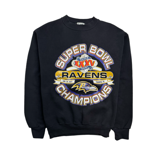 (L) Vintage '01 Super Bowl XXXV Baltimore Ravens Sweatshirt Black | Vintage Clothing Store Canada