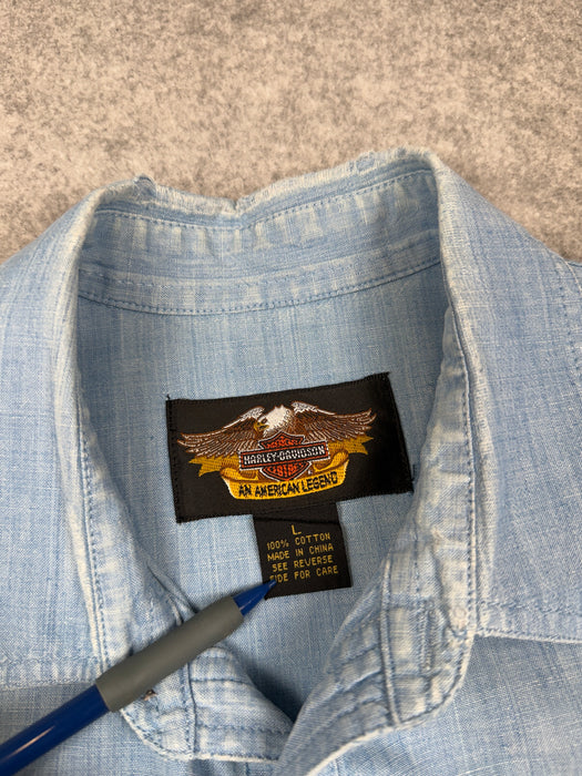 Vintage Harley Davidson Emblem Button Up Shirt Blue | Vitnage Clothing Store Canada