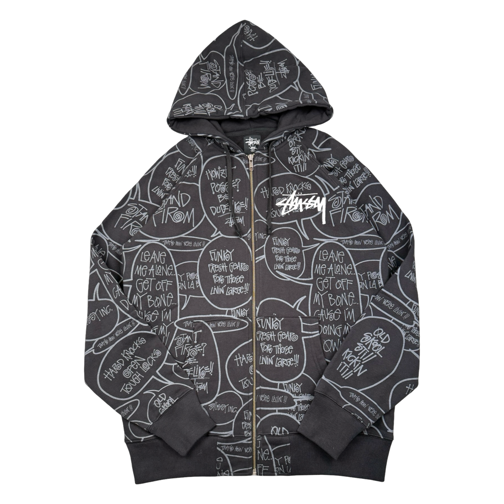 Vintage Stussy Pop Art AOP Zip Up Sweater Black