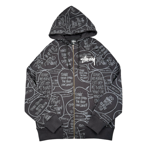 Vintage Stussy Pop Art AOP Zip Up Sweater Black | Vintage Clothing Store Canada