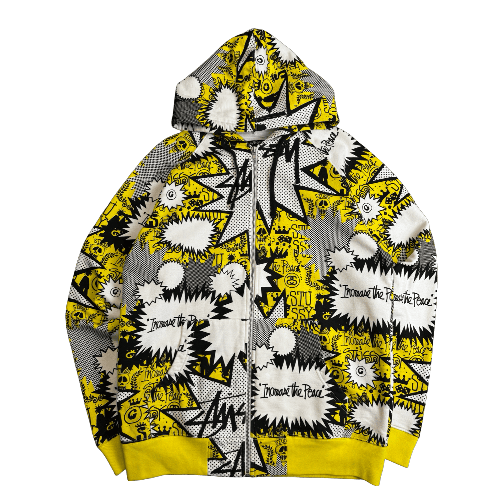 Stussy Vintage Comic AOP Zip Up Sweater White/Yellow (USED)