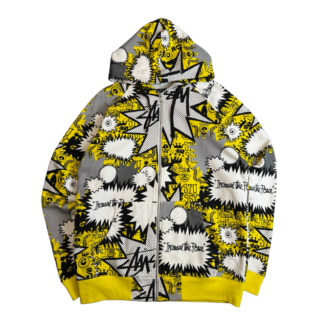 Stussy Vintage Comic AOP Zip Up Sweater White/Yellow (USED)