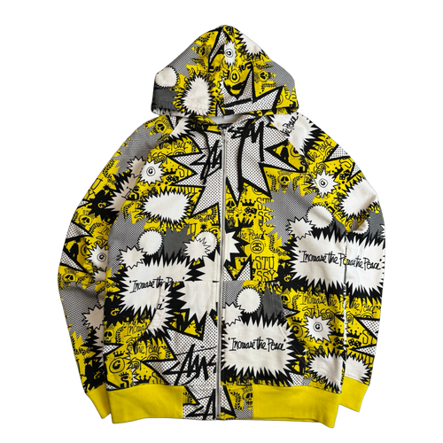 Stussy Vintage Comic AOP Zip Up Sweater White/Yellow (USED) | Vintage Clothing Store Canada