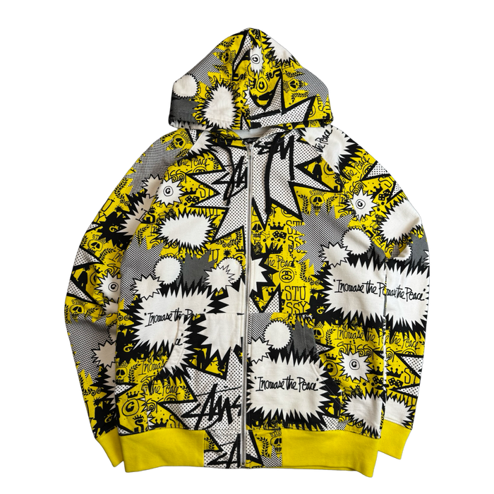 Stussy Vintage Comic AOP Zip Up Sweater White/Yellow (USED) | Vitnage Clothing Store Canada