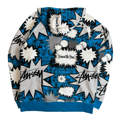 Stussy Vintage Comic AOP Zip Up Sweater White/Blue (USED) | Vintage Clothing Store Canada
