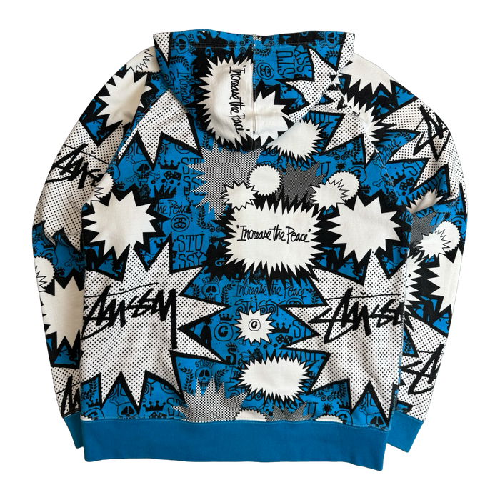 Stussy Vintage Comic AOP Zip Up Sweater White/Blue (USED) | Vitnage Clothing Store Canada