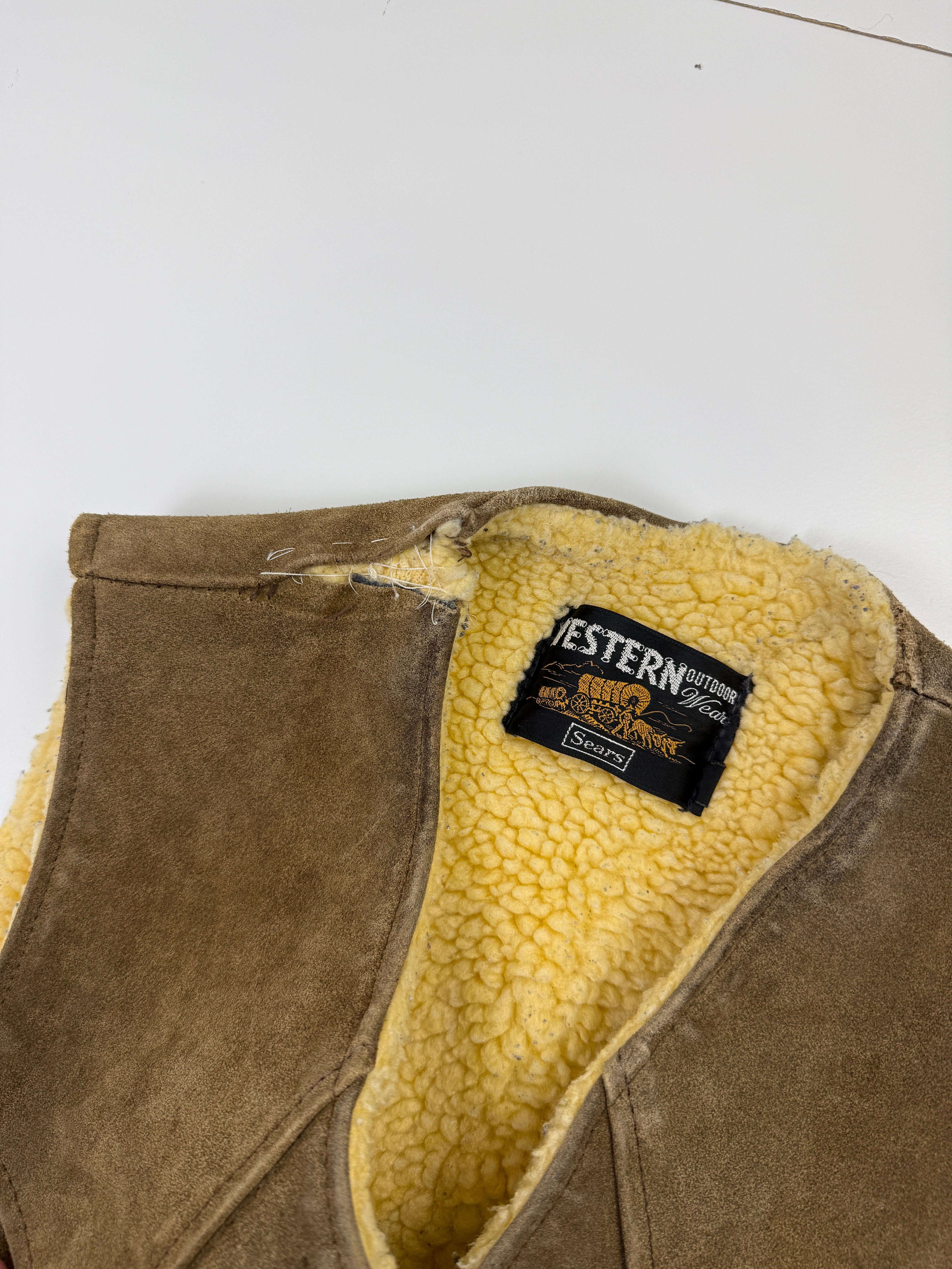 Vintage Sears Western Sherpa Lined Suede Vest Brown