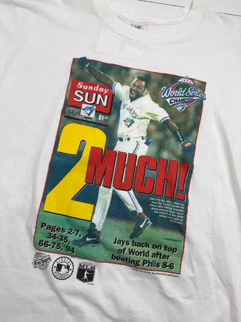 Vintage 1993 Toronto Blue Jays 2Much Newspaper Tee White