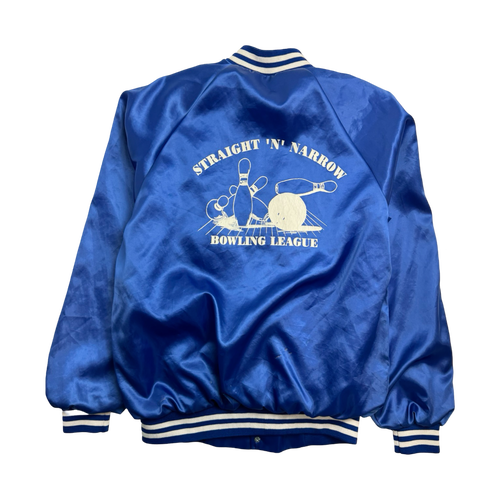 (M) Vintage Satin Varsity Straight ‘N’ Narrow Bowling Jacket Blue | Vintage Clothing Store Canada