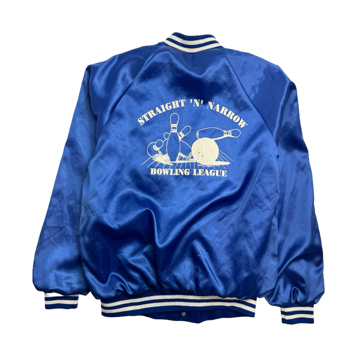 (M) Vintage Satin Varsity Straight ‘N’ Narrow Bowling Jacket Blue | Vitnage Clothing Store Canada