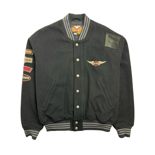 (L) Vintage Harley Davidson Motor Cycle Varsity Jacket Black | Vintage Clothing Store Canada