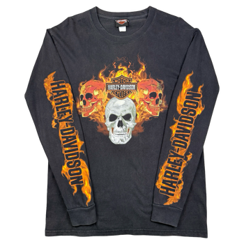 Vintage Harley Davidson Flame Sleeve Skulls L/S Tee Black