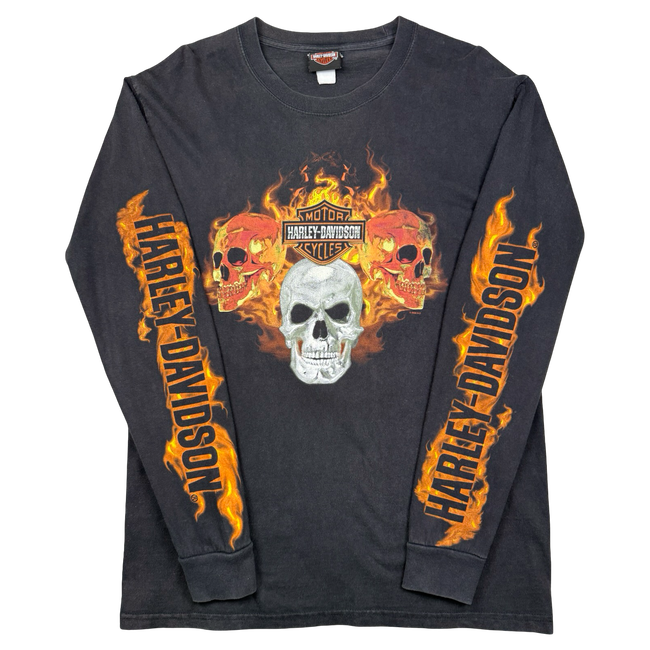 Vintage Harley Davidson Flame Sleeve Skulls L/S Tee Black