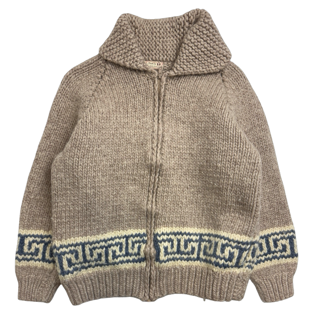 Vintage Cowichan Greek Key Pattern Knitted Zip Up Sweater