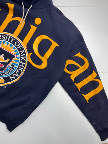 Vintage 90s University of Michigan Cross Print Hoodie Navy
