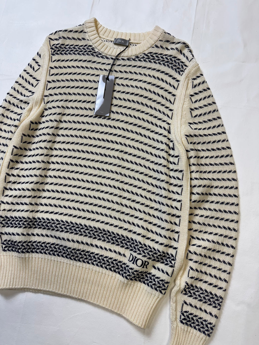 Dior Embroidered Chevron Knit Sweater Cream