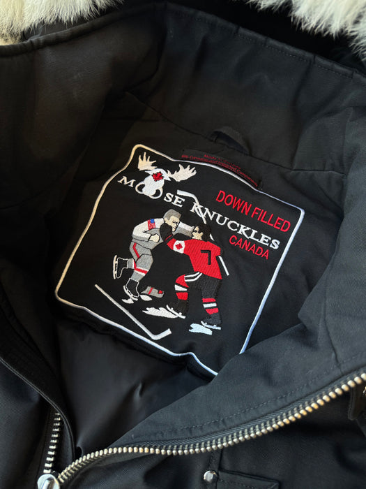 Moose Knuckles Original Ballistic Shearling Trim Bomber Jacket Black (USED) | Vitnage Clothing Store Canada