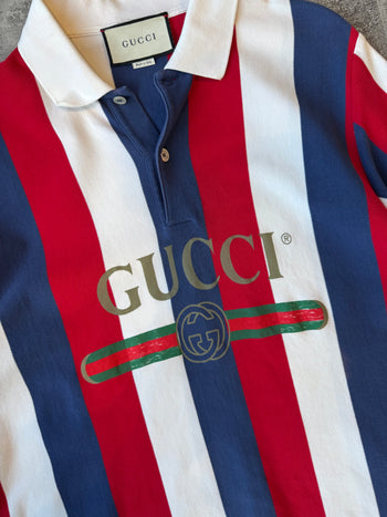 Gucci Logo Baiadera Striped Polo Tee Red/White/Blue (USED)