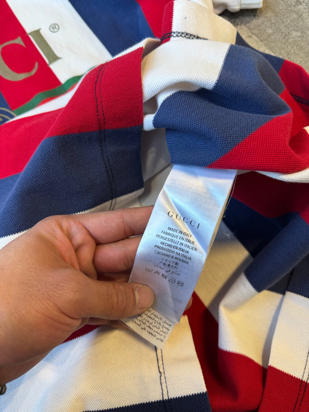Gucci Logo Baiadera Striped Polo Tee Red/White/Blue (USED)