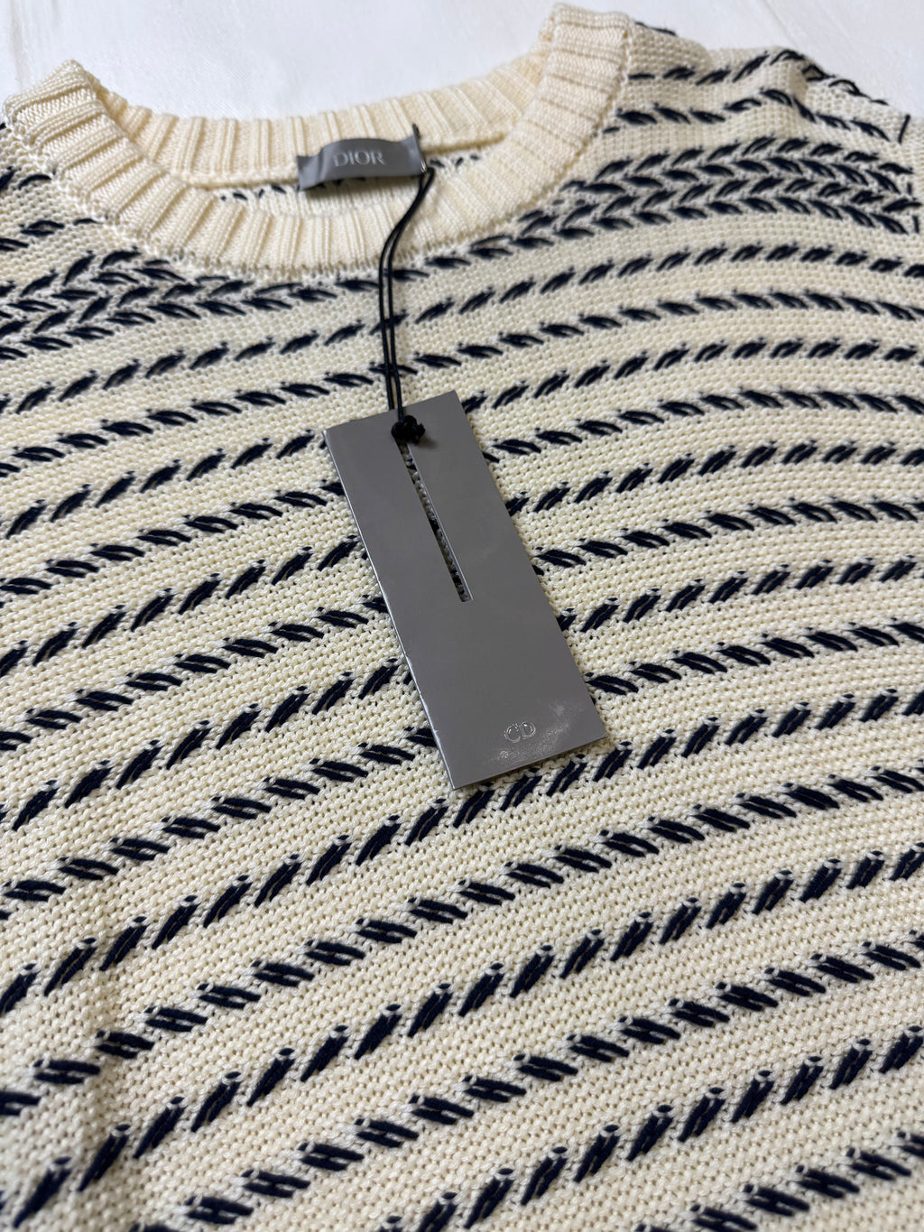Dior Embroidered Chevron Knit Sweater Cream