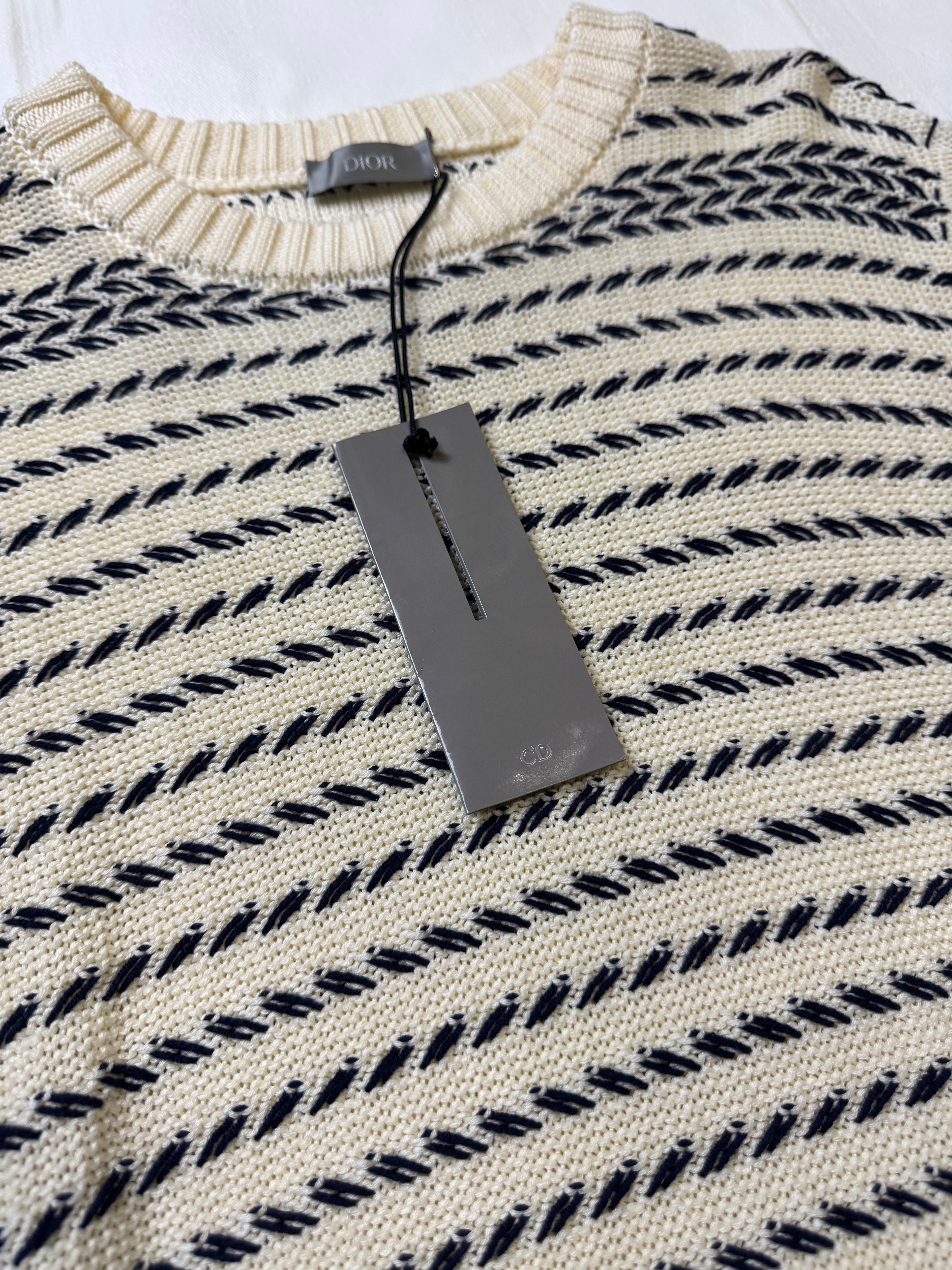 Dior Embroidered Chevron Knit Sweater Cream