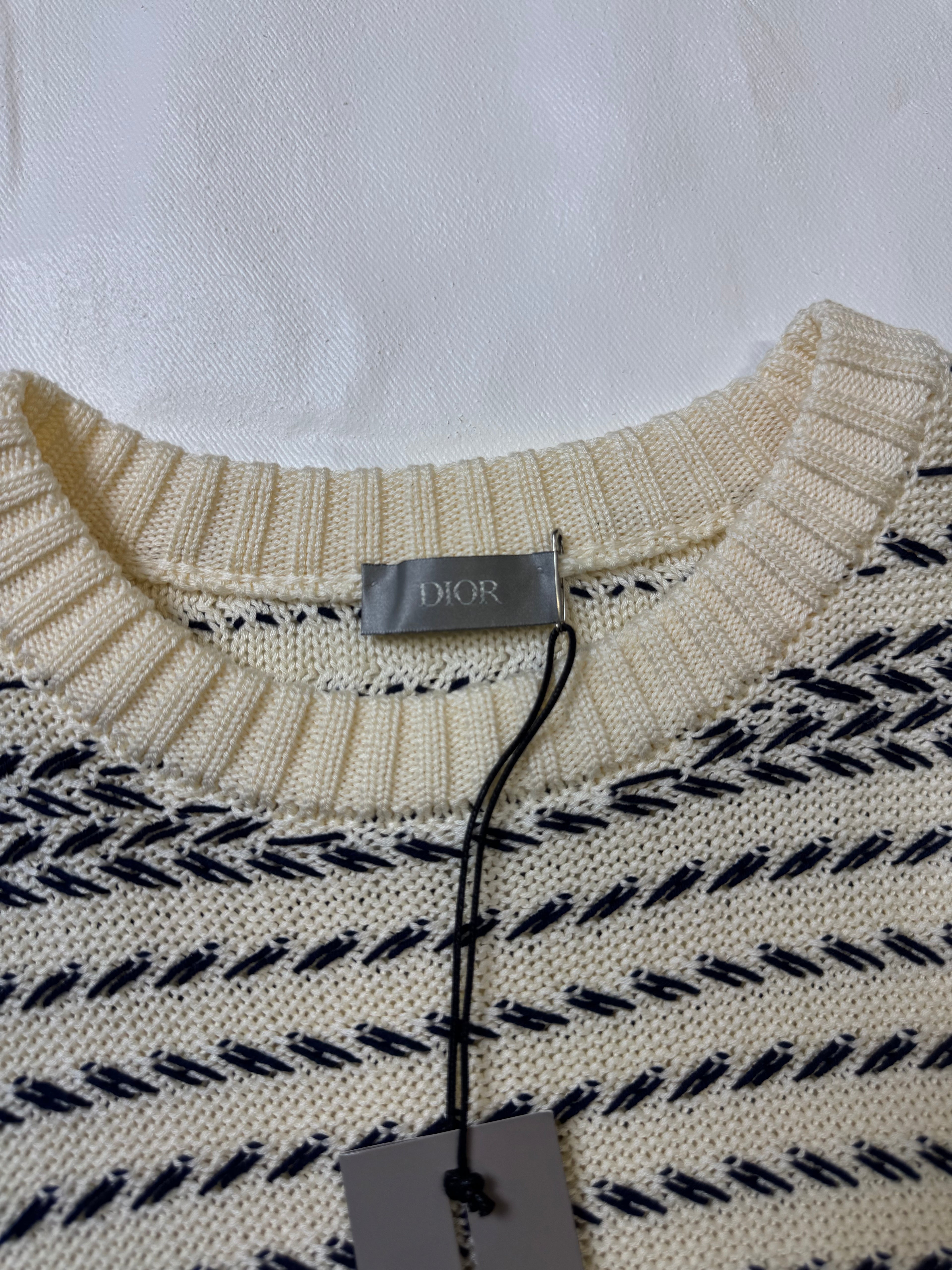 Dior Embroidered Chevron Knit Sweater Cream