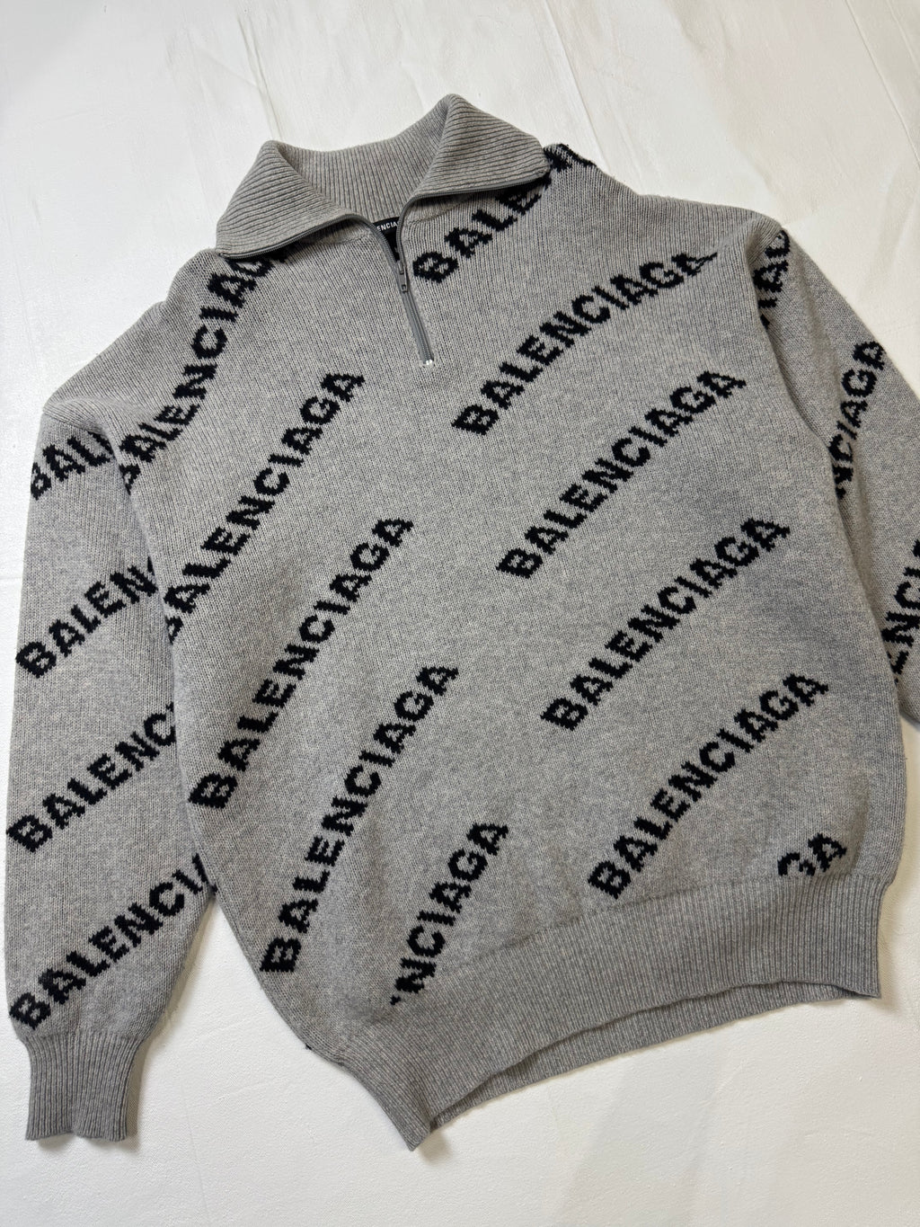 Balenciaga Logo Intarsia 1/4 Zip Knit Sweater Grey (USED)