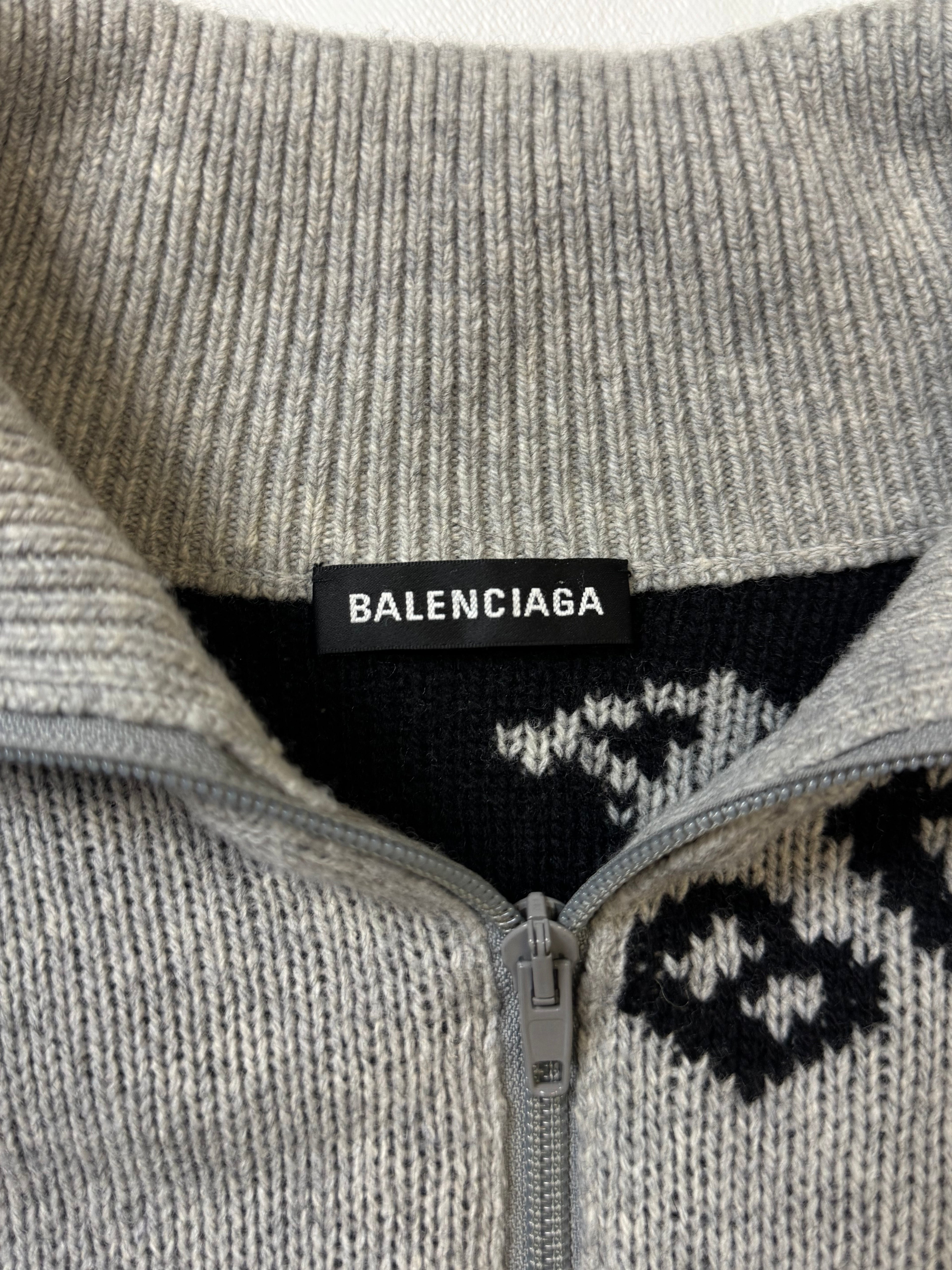Balenciaga Logo Intarsia 1/4 Zip Knit Sweater Grey (USED)
