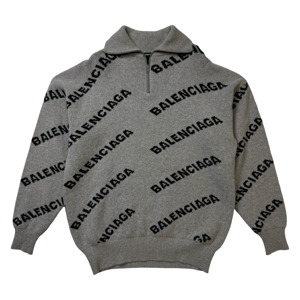Balenciaga Logo Intarsia 1/4 Zip Knit Sweater Grey (USED)