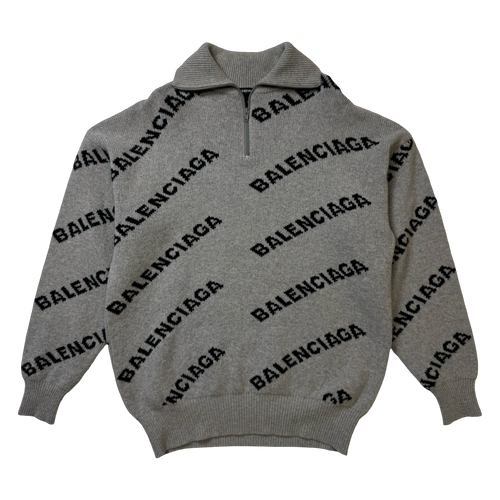 Balenciaga Logo Intarsia 1/4 Zip Knit Sweater Grey (USED) | Vintage Clothing Store Canada