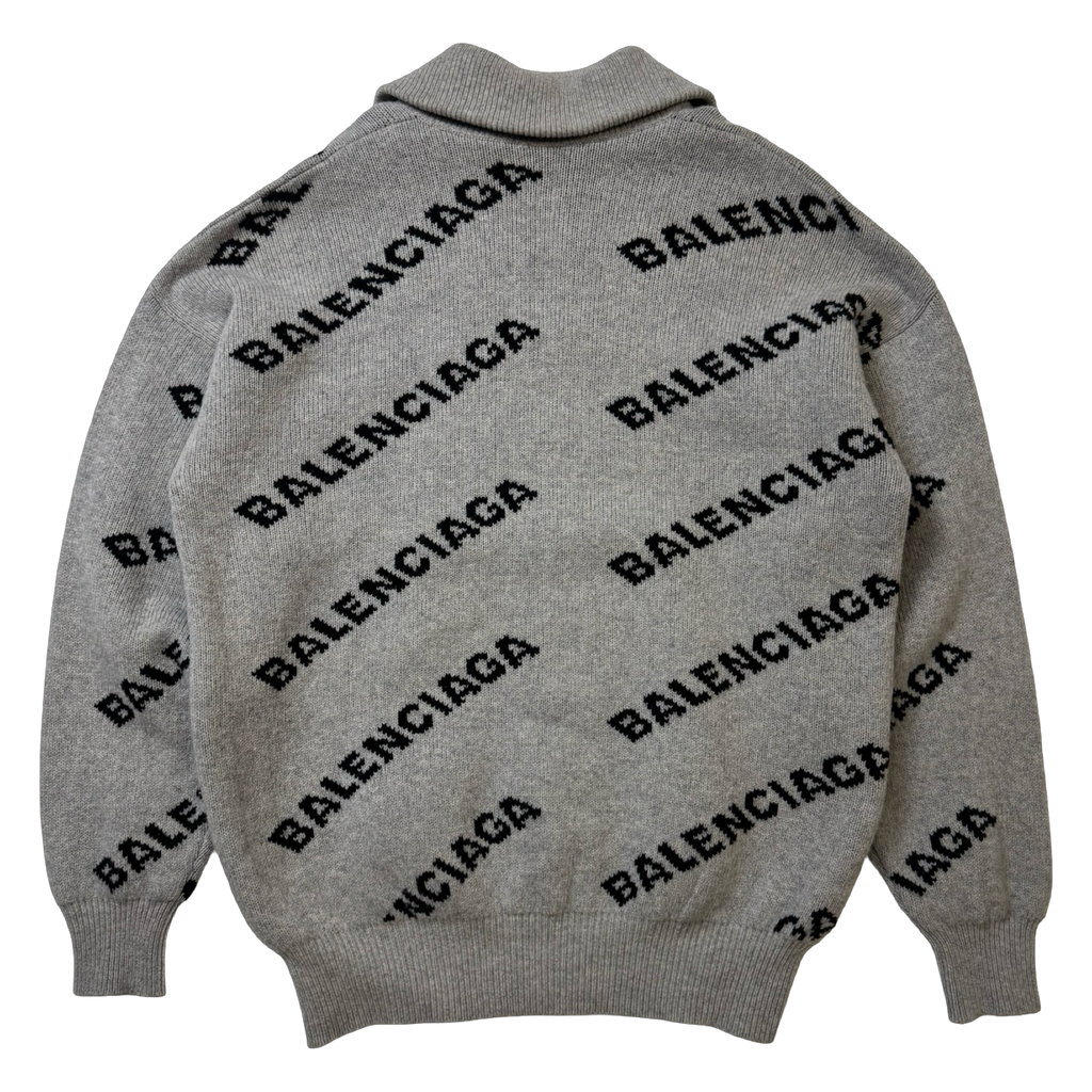 Balenciaga Logo Intarsia 1/4 Zip Knit Sweater Grey (USED)