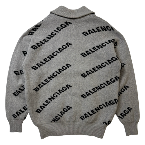 Balenciaga Logo Intarsia 1/4 Zip Knit Sweater Grey (USED) | Vintage Clothing Store Canada