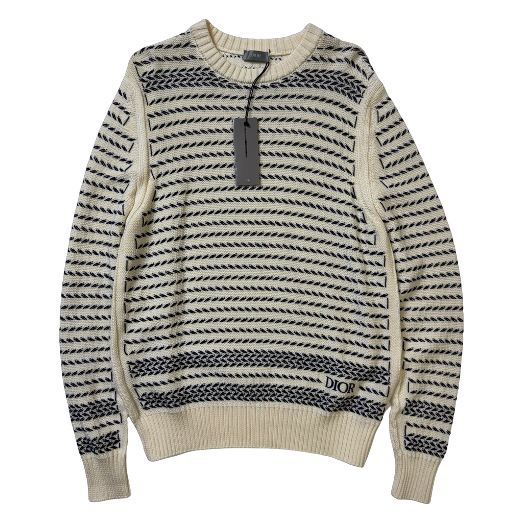 Dior Embroidered Chevron Knit Sweater Cream