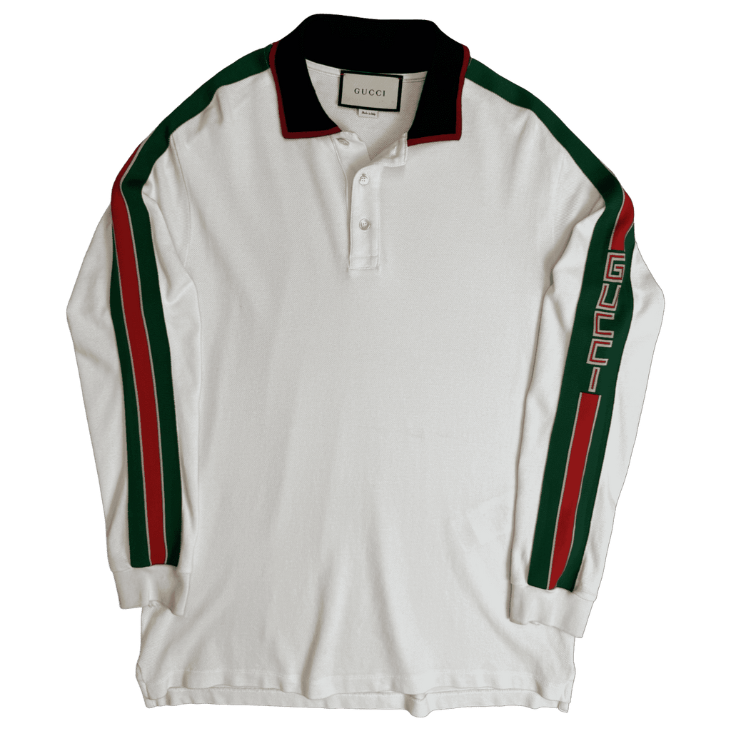 Gucci Web-striped Longsleeve Polo Shirt White