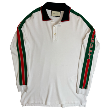 Gucci Web-striped Longsleeve Polo Shirt White