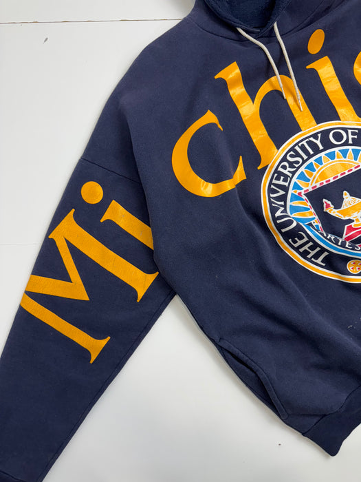 Vintage 90s University of Michigan Cross Print Hoodie Navy | Vitnage Clothing Store Canada