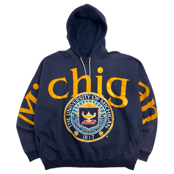 Vintage 90s University of Michigan Cross Print Hoodie Navy
